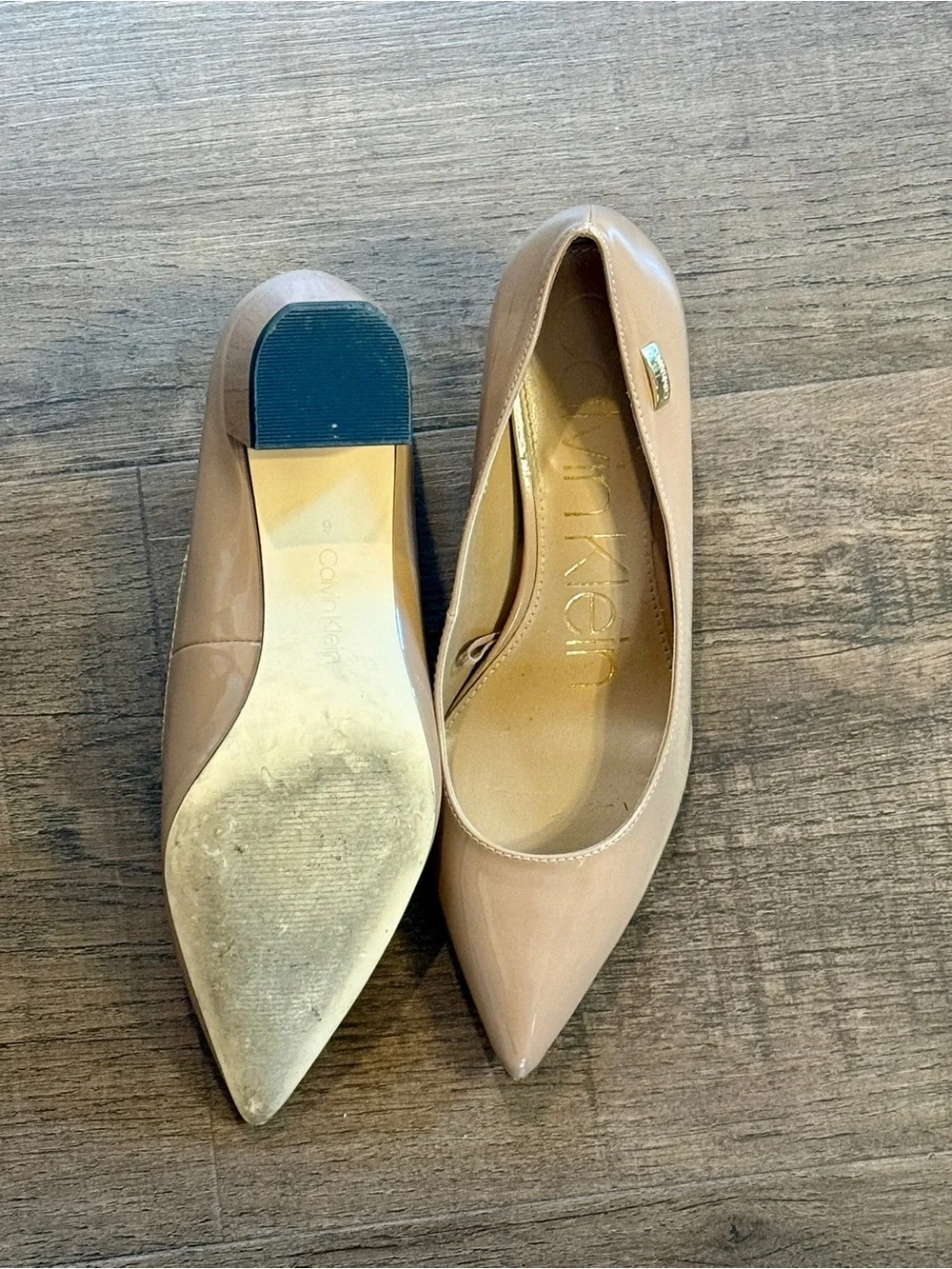Calvin Klein Nude Patent-Finish Block Heel Pumps – Size 9